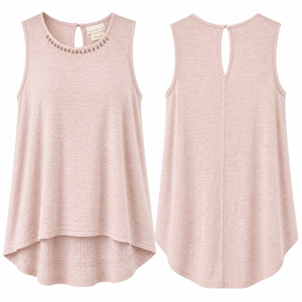 Cynthia Rowley 100% Linen Tunic Top  Blush Pink Sz L  Rhinestones Coastal Resort
